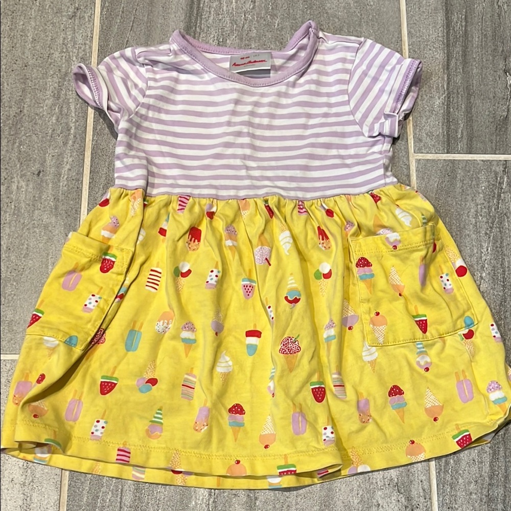 Hanna Andersson Kids Striped Purple and Yellow Dress with Ice cream pattern